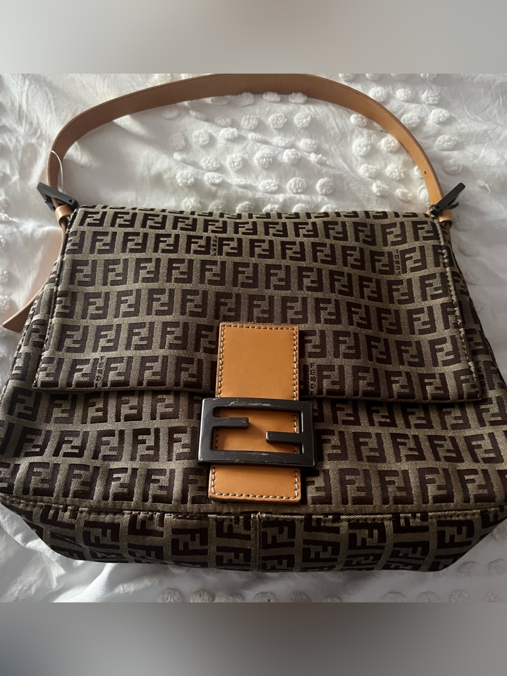 Fendi Zucca Brown Monogram Shoulder Bag with Tan Leather Accent